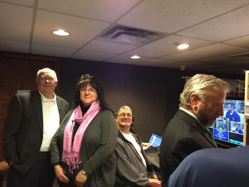 Patty Zerisknek, our Treasurer, with the great folks at MCA-TV. We were in the studio on Friday, March 20, 2015, to talk about the Moon Township Historical Society.